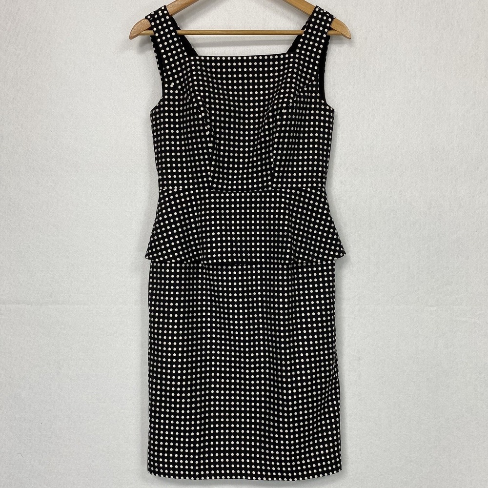 Anne Klein Women 2 Pencil Dress Black Polka Dot Peplum Retro Square Neck